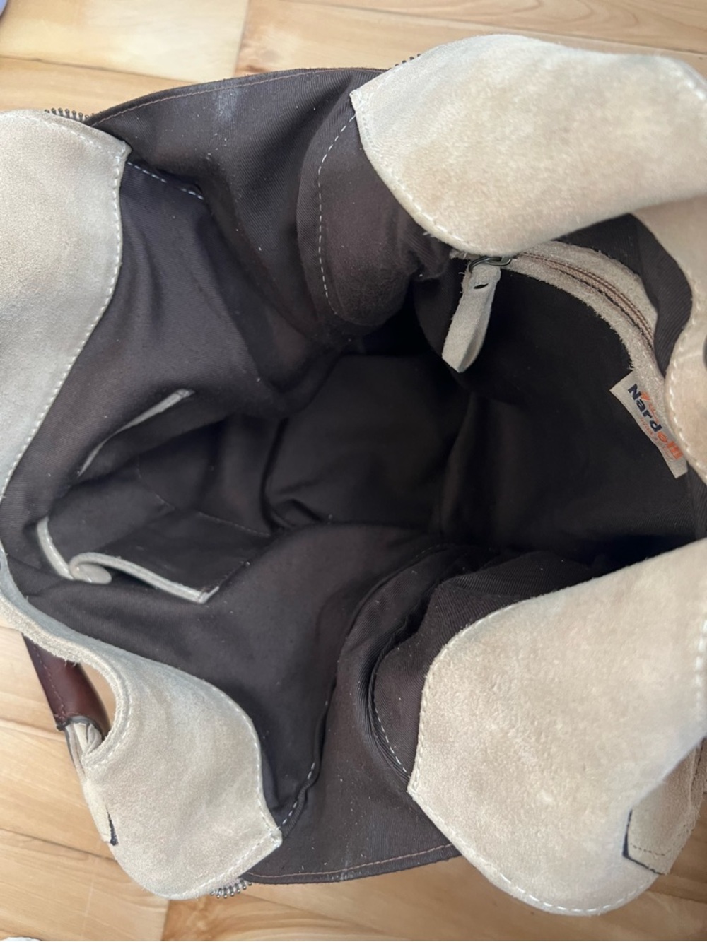 NARDELLI Neutral Suede Hobo Bag with Brown Leather Handles - Picture 13 of 16